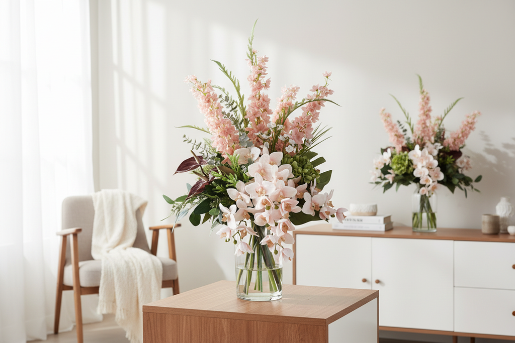 Blush Delphinium and Orchid medium artificial arrangement on a living room sideboard, grounded in a tall glass cylinder vase, 60 x 30 cm