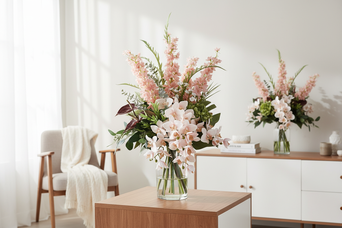 Blush Delphinium and Orchid medium artificial arrangement on a living room sideboard, grounded in a tall glass cylinder vase, 60 x 30 cm