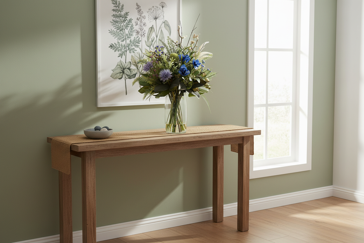 Medium Blue Iris and Thistle Botanical artificial arrangement preserved from the original product photo on an entryway console, grounded in a tall clear cylinder vase, 60 x 30 cm