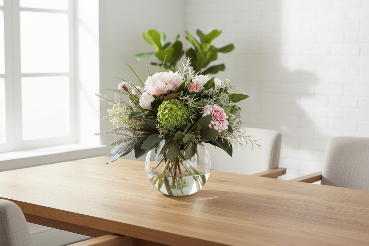 Blush Peony and Spray Rose Garden Romance small artificial arrangement on a dining table