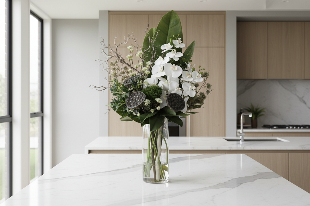 Zen Orchid and Lotus large artificial arrangement on a kitchen island, grounded in a tall glass cylinder vase, 90 x 40 cm
