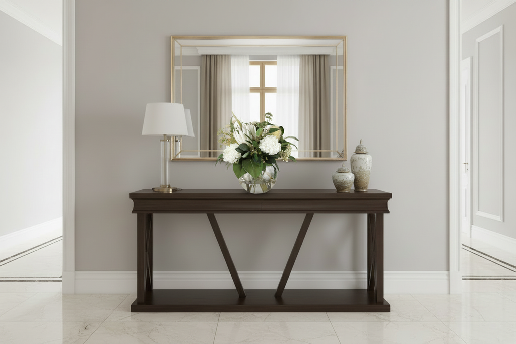 White Protea and Hydrangea Garden Elegance small artificial arrangement, correctly scaled on an entryway console table