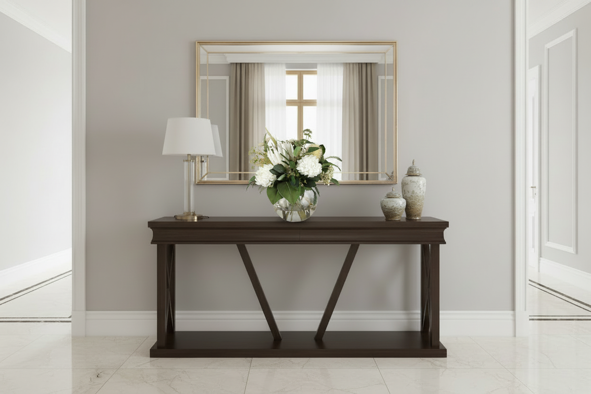 White Protea and Hydrangea Garden Elegance small artificial arrangement, correctly scaled on an entryway console table