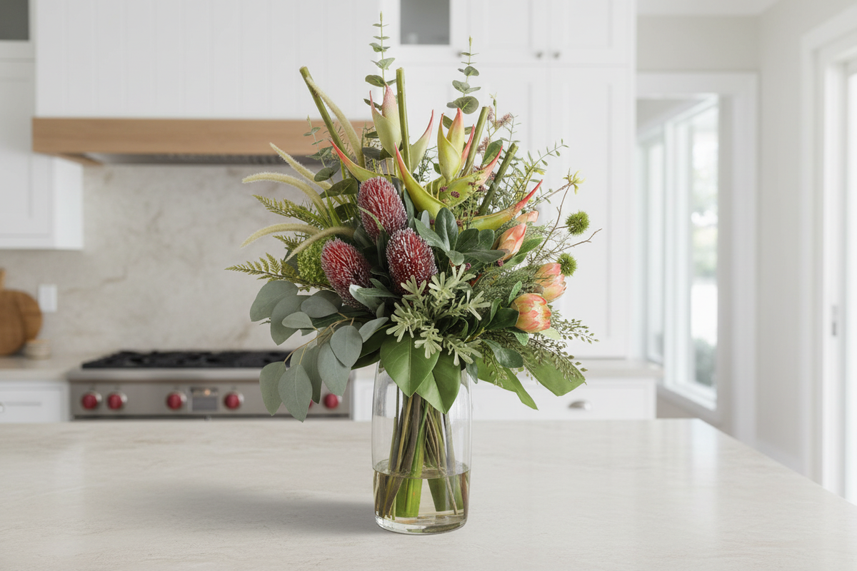 King Protea and Banksia Bush artificial arrangement in a tall glass cylinder vase on a kitchen island