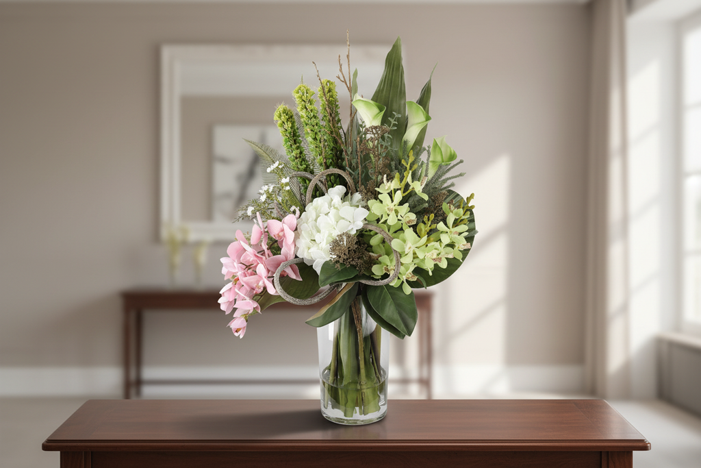 Botanical Garden medium artificial arrangement on an entryway console, grounded in a tall glass cylinder vase, 60 x 30 cm