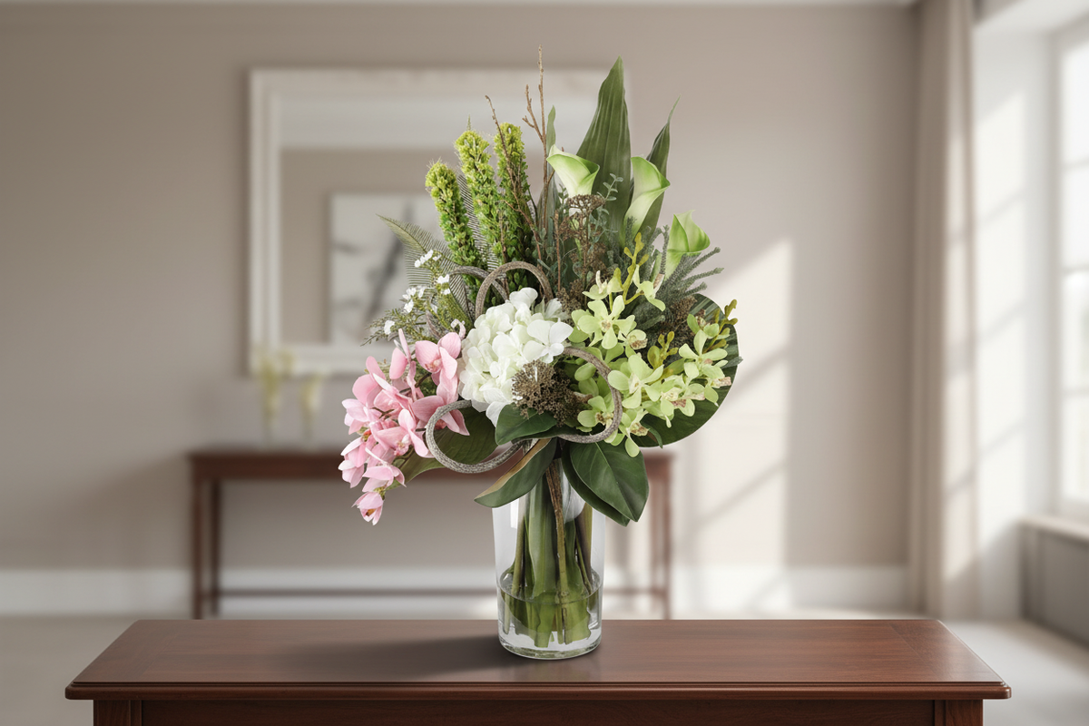 Botanical Garden medium artificial arrangement on an entryway console, grounded in a tall glass cylinder vase, 60 x 30 cm