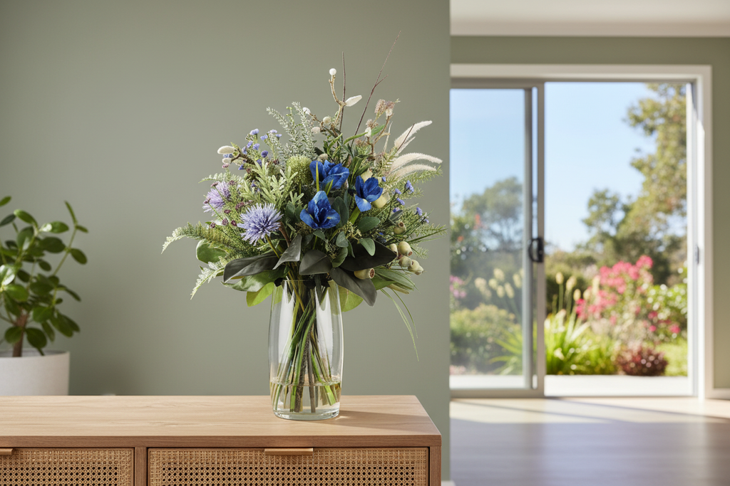 Medium Blue Iris and Thistle Botanical artificial arrangement preserved from the original product photo on living room furniture, grounded in a tall clear cylinder vase, 60 x 30 cm
