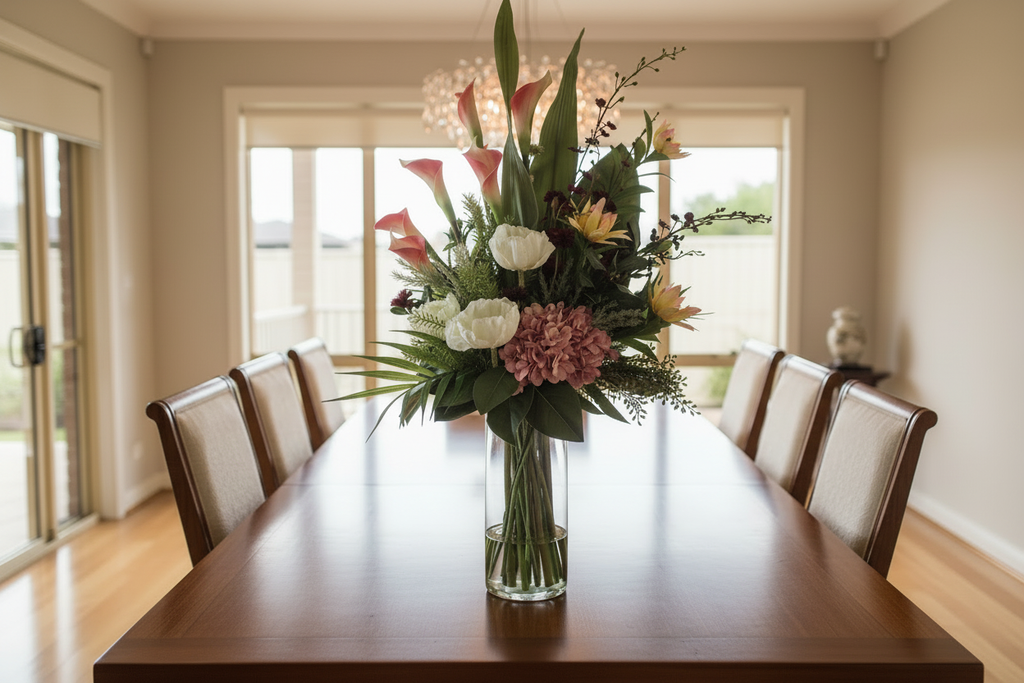 Large Pink Calla Lily and Protea artificial arrangement preserved from the original product photo on a clean dining table, grounded in a clear cylinder vase, 90 x 40 cm