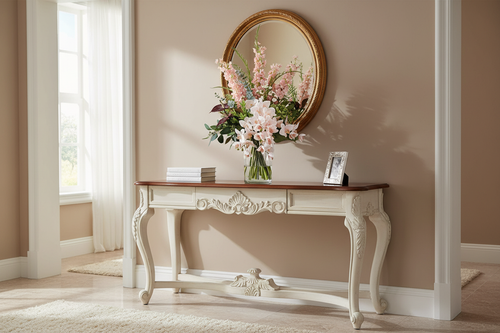 Blush Delphinium and Orchid medium artificial arrangement on a grand entryway console, grounded in a tall glass cylinder vase, 60 x 30 cm