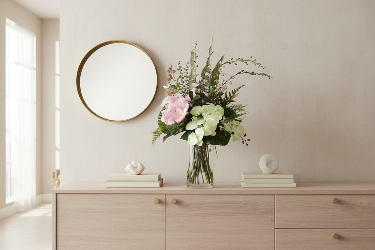 Pink Amaryllis and Orchid medium artificial arrangement in a tall glass cylinder vase on a living room sideboard
