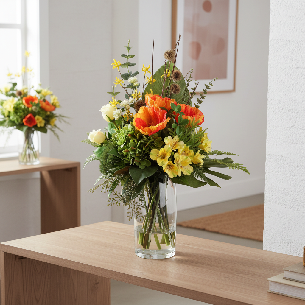 Wildflower Harvest 60 by 30 centimetre artificial arrangement in a tall cylinder vase on an entry console
