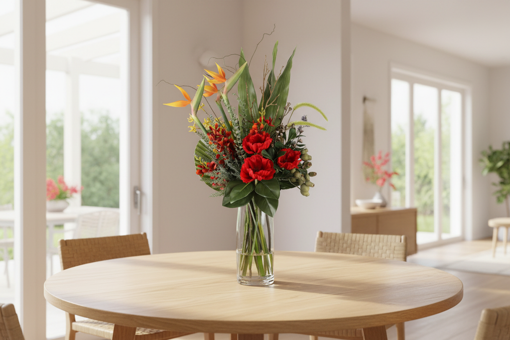 Large Bird of Paradise Tropical artificial arrangement matching the supplied reference, dense compact composition in a clear cylinder vase on a dining table, 90 x 40 cm
