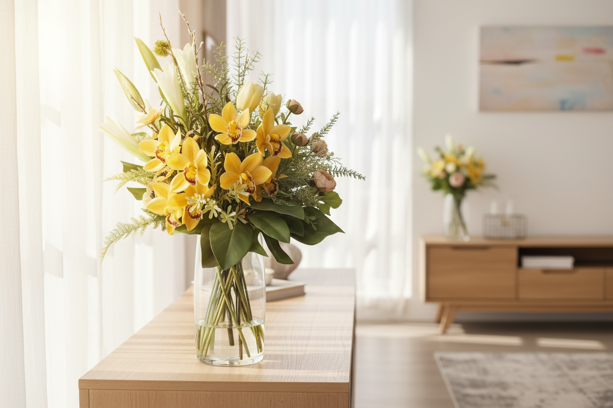Medium Golden Orchid and Lily Sunshine artificial arrangement preserved from the original product photo on living room furniture, grounded in a tall clear cylinder vase, 60 x 30 cm