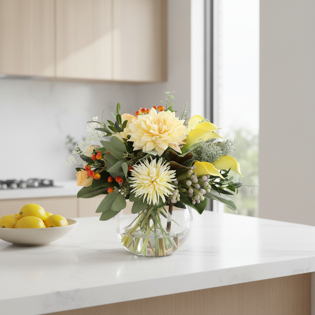 Golden Hour artificial bouquet, approximately 20 by 20 centimetres, on a white stone kitchen island in a bright Australian home