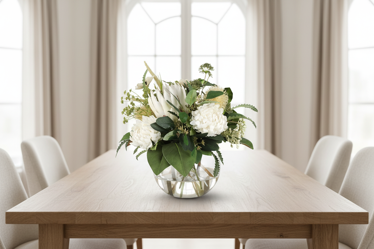 White Protea and Hydrangea Garden Elegance small artificial arrangement on a dining table