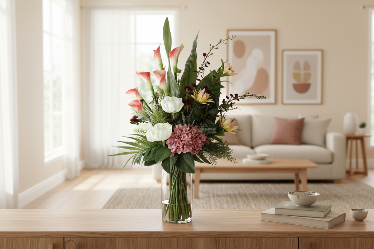 Large Pink Calla Lily and Protea artificial arrangement preserved from the original product photo on living room furniture, grounded in a clear cylinder vase, 90 x 40 cm