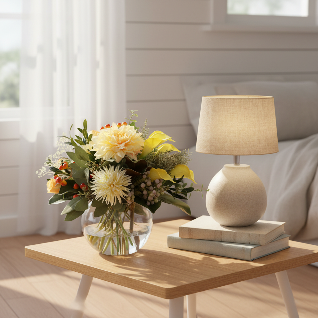 Golden Hour artificial bouquet, approximately 20 by 20 centimetres, on a bedside table in a sunlit Australian bedroom