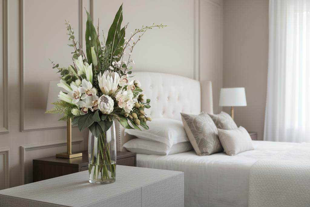White King Protea and Cymbidium Orchid Pristine artificial arrangement on a bedroom console
