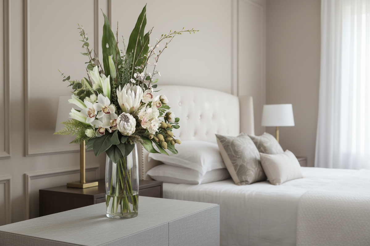 White King Protea and Cymbidium Orchid Pristine artificial arrangement on a bedroom console