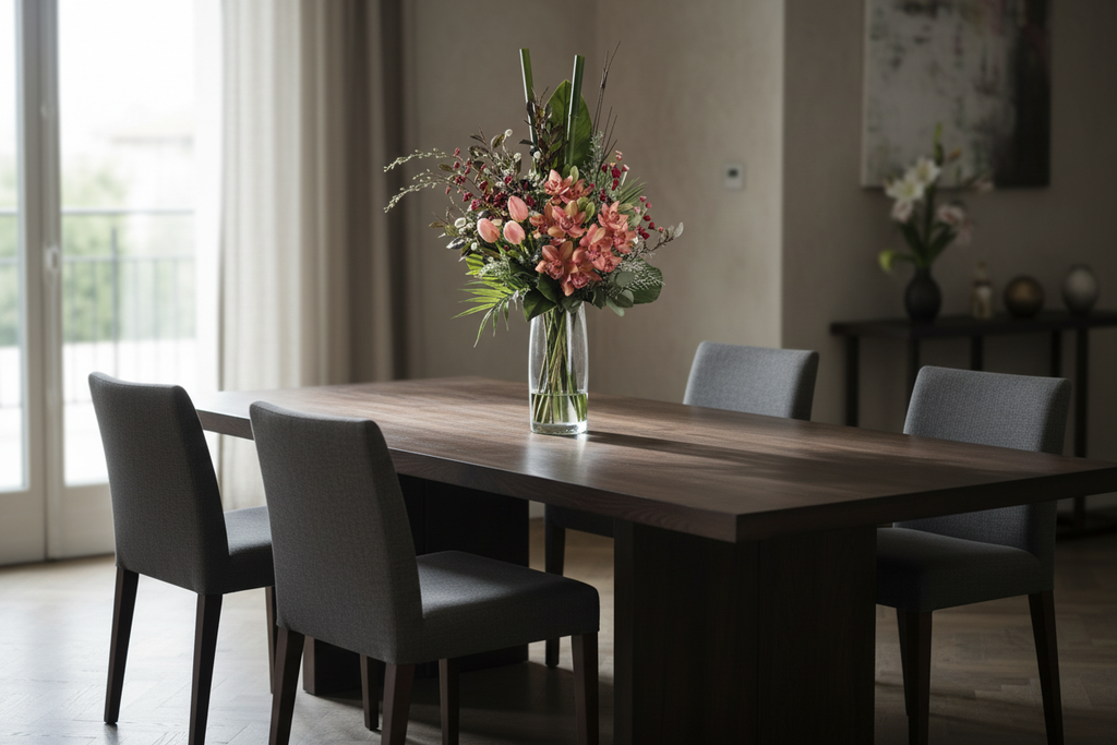 Peach Orchid and Tulip large artificial arrangement on a dining table, grounded in a tall glass cylinder vase, 90 x 40 cm