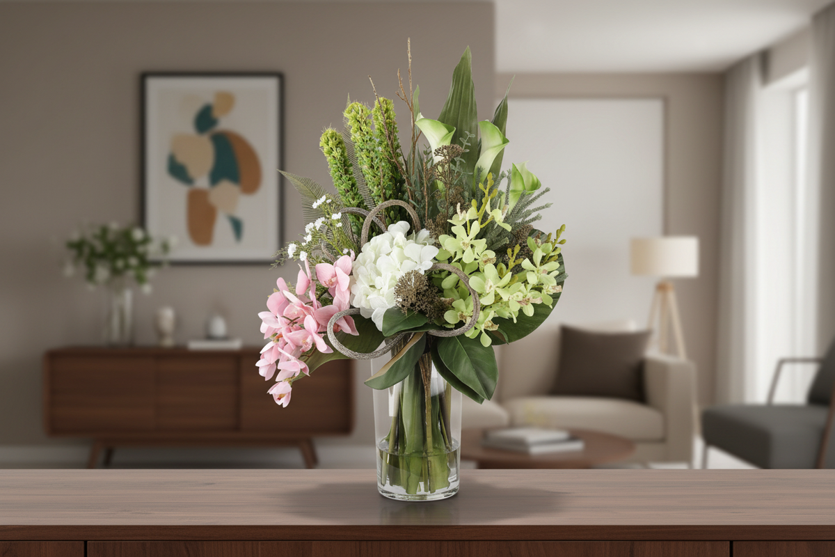 Botanical Garden medium artificial arrangement on a living room sideboard, grounded in a tall glass cylinder vase, 60 x 30 cm
