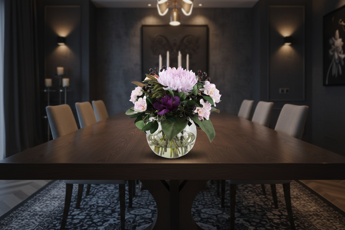 Twilight Garden small artificial bouquet on a dining table