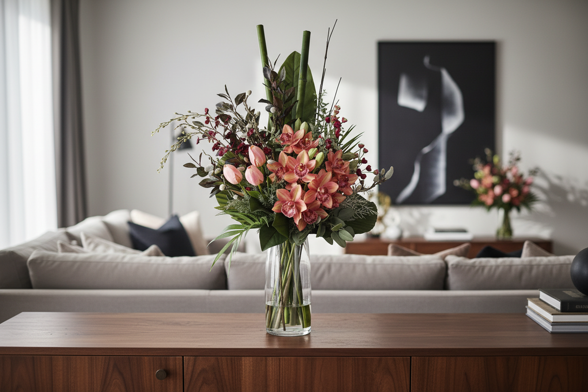 Peach Orchid and Tulip large artificial arrangement on a living room sideboard, grounded in a tall glass cylinder vase, 90 x 40 cm