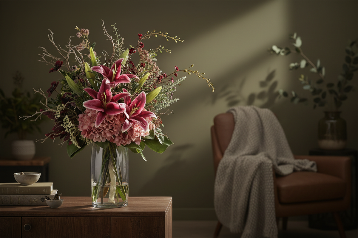 Medium Pink Lily and Hydrangea Wild artificial arrangement preserved from the original product photo on living room furniture, grounded in a tall clear cylinder vase, 60 x 30 cm