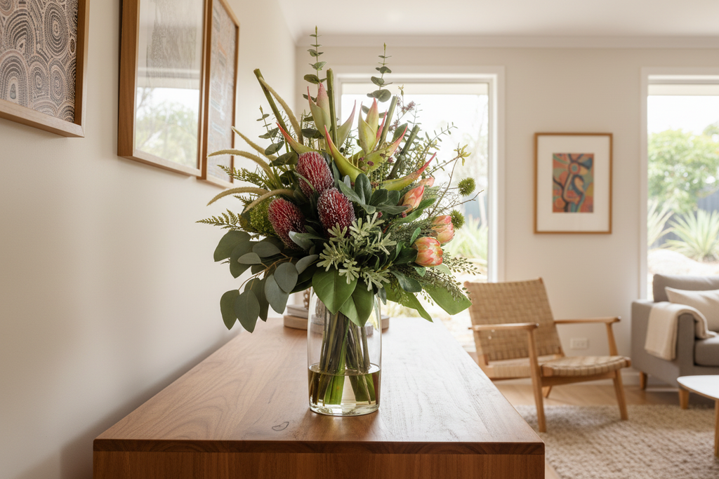 King Protea and Banksia Bush artificial arrangement in a tall glass cylinder vase on a living room sideboard