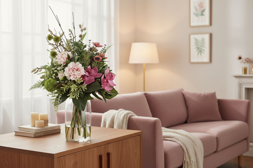 Blush Peony and Orchid Wild Garden medium artificial arrangement on a living room sideboard