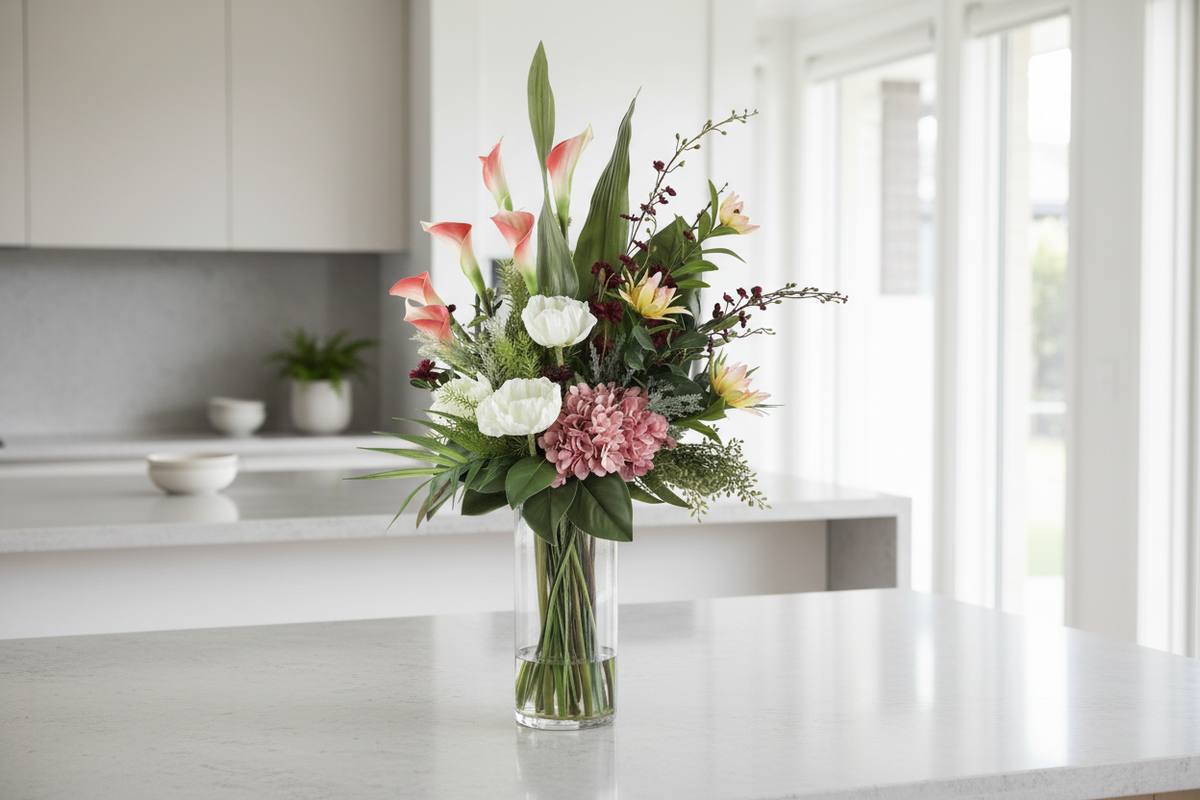 Large Pink Calla Lily and Protea artificial arrangement preserved from the original product photo on a kitchen surface, grounded in a clear cylinder vase, 90 x 40 cm