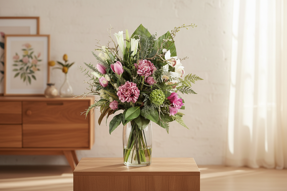 Medium Pink Peony and Tulip Garden artificial arrangement preserved from the original product photo on living room furniture, grounded in a tall clear cylinder vase, 60 x 30 cm