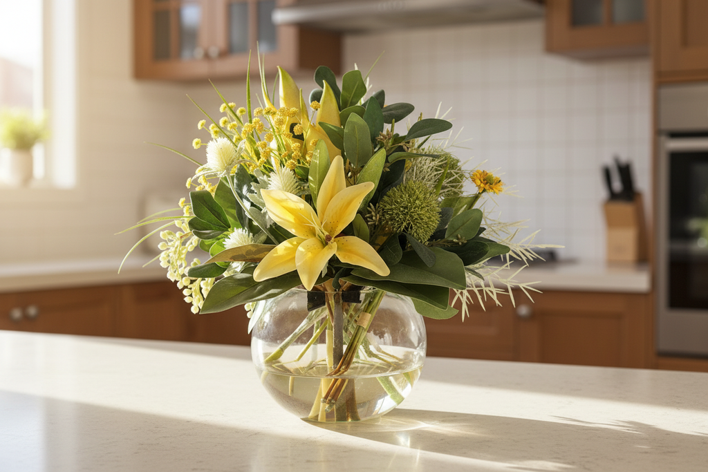 Yellow Lily and Wattle Botanical artificial arrangement in a glass fishbowl vase on a kitchen bench