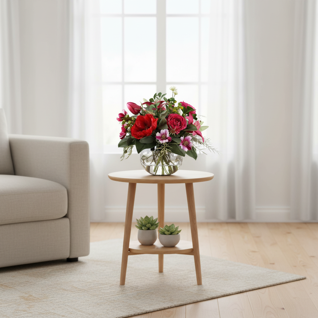 Crimson Passion 20 by 20 centimetre artificial bouquet styled on a small side table in a bright Australian home
