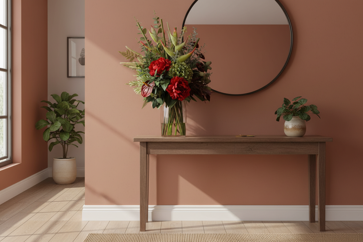 Medium Red Peony and Heliconia Botanical artificial arrangement preserved from the original product photo on an entryway console, grounded in a tall clear cylinder vase, 60 x 30 cm