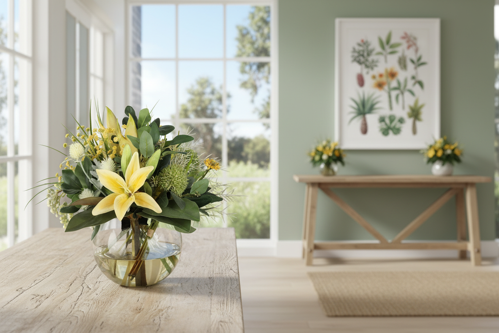 Yellow Lily and Wattle Botanical artificial arrangement in a glass fishbowl vase on an entryway console