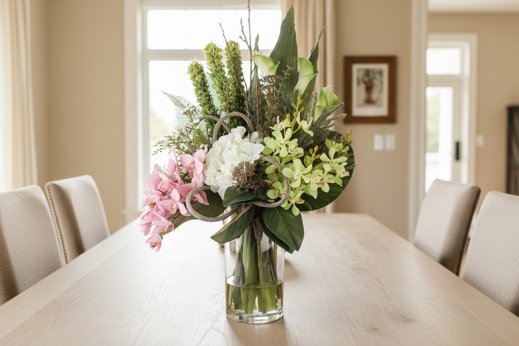 Botanical Garden medium artificial arrangement on a dining table, grounded in a tall glass cylinder vase, 60 x 30 cm