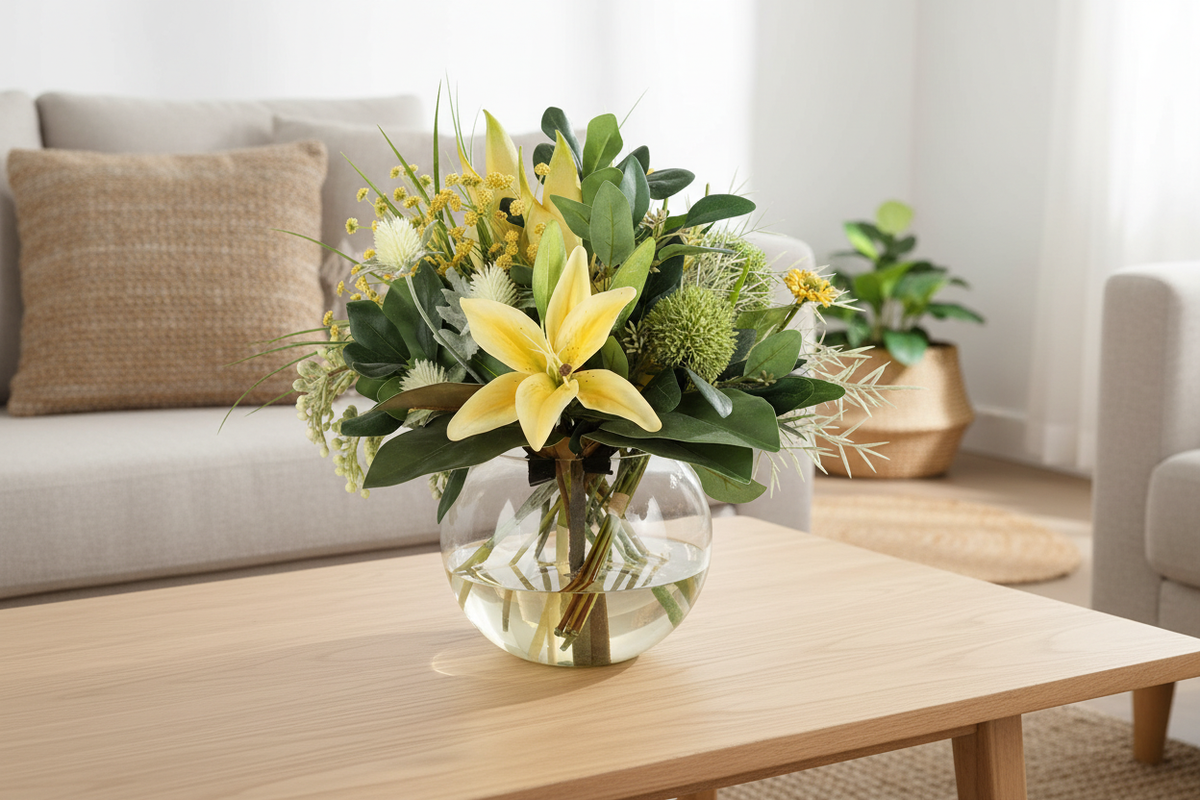 Yellow Lily and Wattle Botanical artificial arrangement in a glass fishbowl vase on a living room coffee table