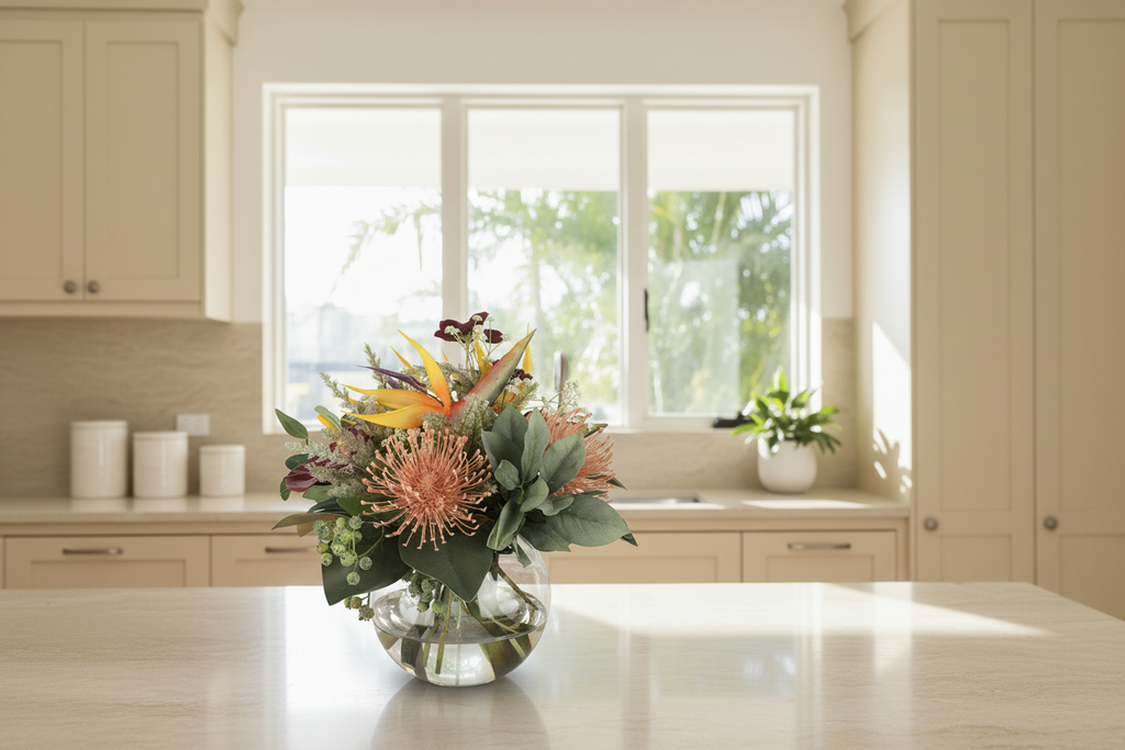 Bird of Paradise and Pincushion Protea Tropical artificial arrangement in a glass fishbowl vase on a kitchen bench, shown at accurate small 20x20 cm scale with a wider camera view