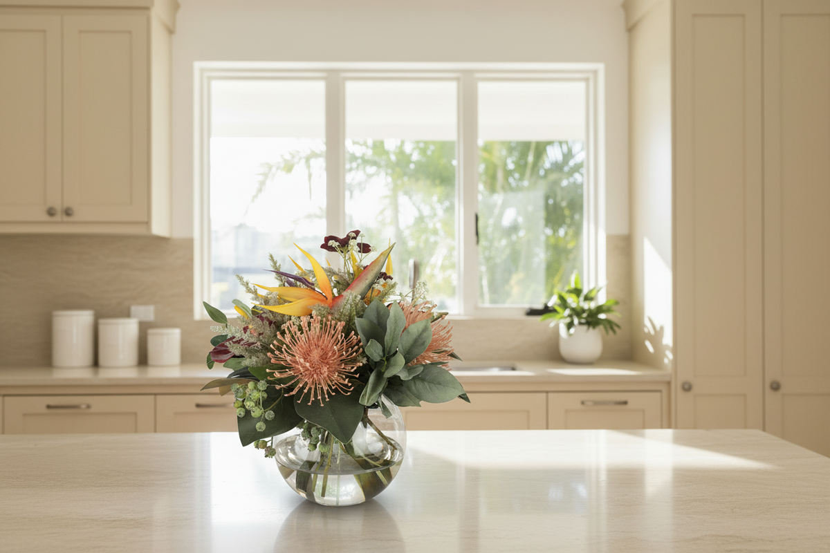 Bird of Paradise and Pincushion Protea Tropical artificial arrangement in a glass fishbowl vase on a kitchen bench, shown at accurate small 20x20 cm scale with a wider camera view