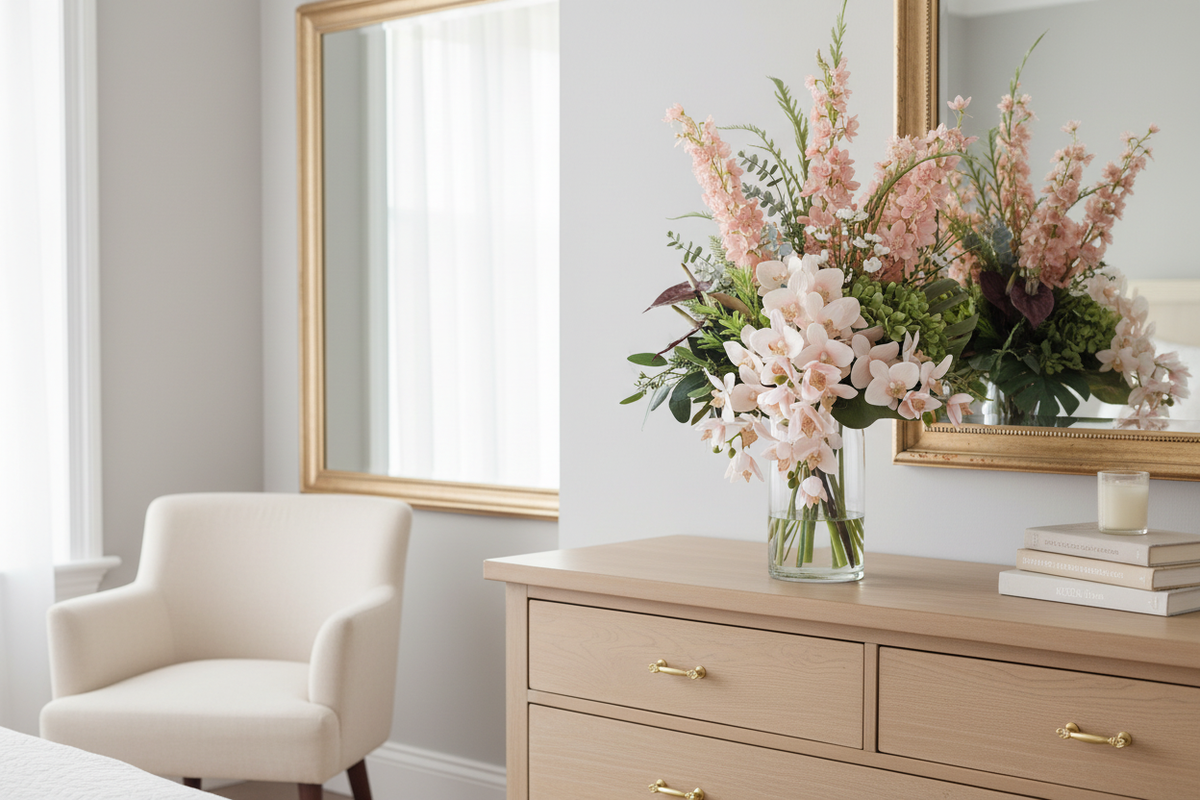 Blush Delphinium and Orchid medium artificial arrangement on a bedroom dresser, grounded in a tall glass cylinder vase, 60 x 30 cm