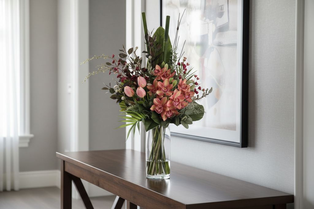 Peach Orchid and Tulip large artificial arrangement on an entryway console, grounded in a tall glass cylinder vase, 90 x 40 cm