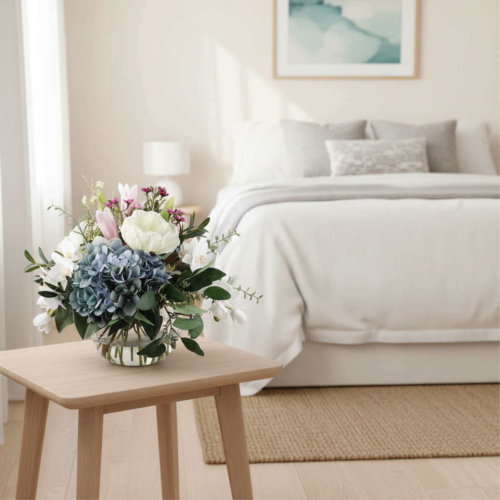 Hydrangea Dreams 20 by 20 centimetre artificial bouquet on a bedside table in a bright Australian home