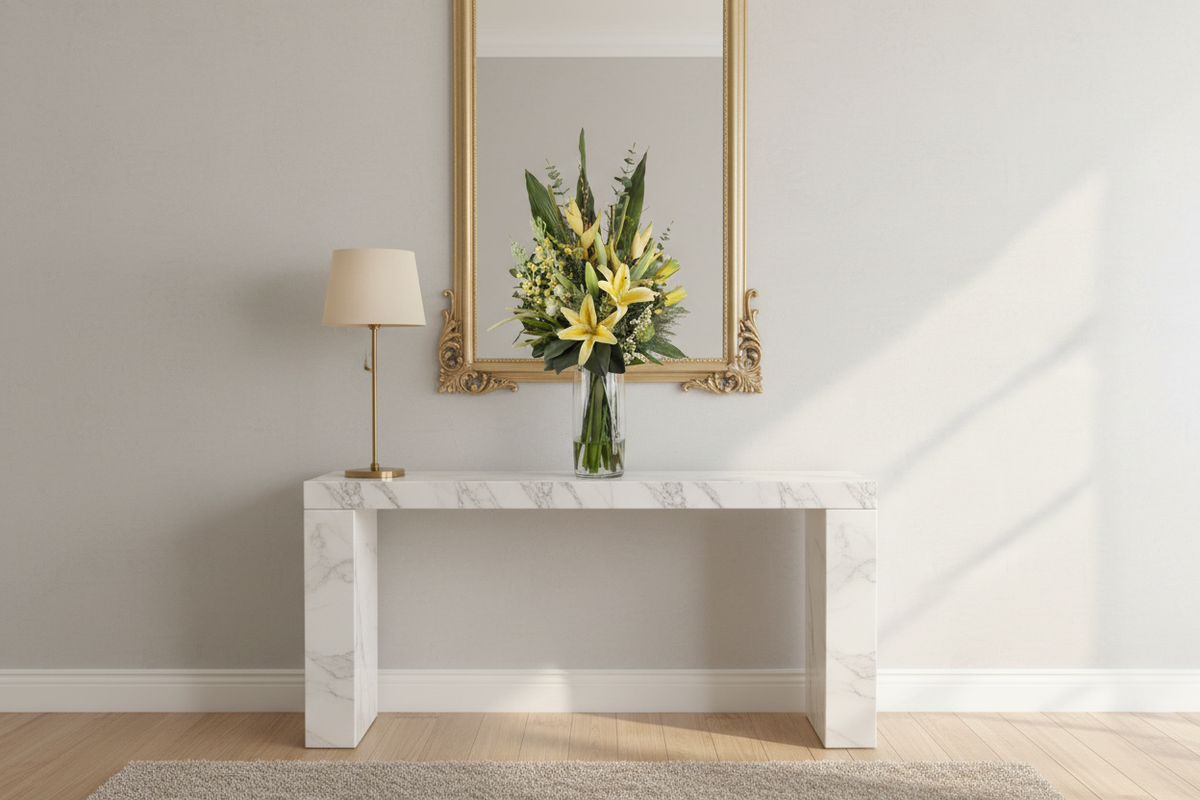 Yellow Lily and Heliconia Luminous artificial arrangement in a bright entryway