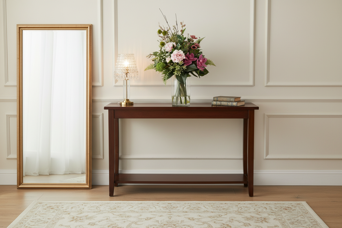 Blush Peony and Orchid Wild Garden medium artificial arrangement in a romantic entryway