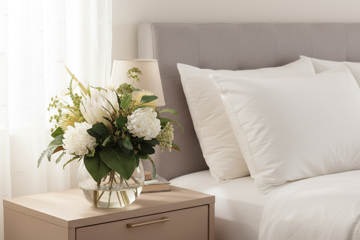 White Protea and Hydrangea Garden Elegance small artificial arrangement on a bedside table