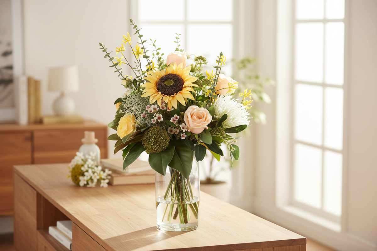 Sunflower and Peach Rose medium artificial arrangement on a living room sideboard, grounded in a classic glass cylinder vase, 60 x 30 cm