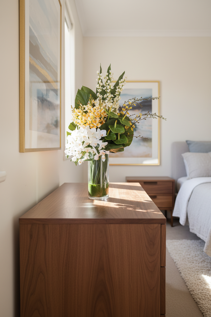 Orchid Gallery large artificial arrangement on a walnut bedroom dresser, grounded in a tall glass cylinder vase, 90 x 40 cm