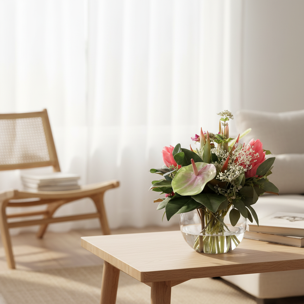 Tropical Coral 20 by 20 centimetre artificial bouquet on a small side table in a bright Australian home