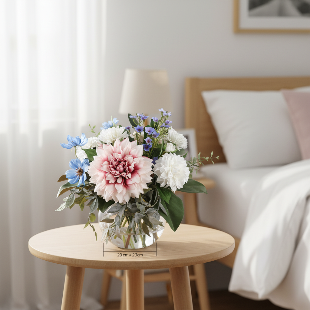 Dreamy Dahlia 20 by 20 centimetre artificial bouquet on a bedside table in a bright Australian home